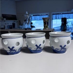 Delft Style Sailboats Candle Pot: Blue and White Potpourri Jar Votive| Set of 3
